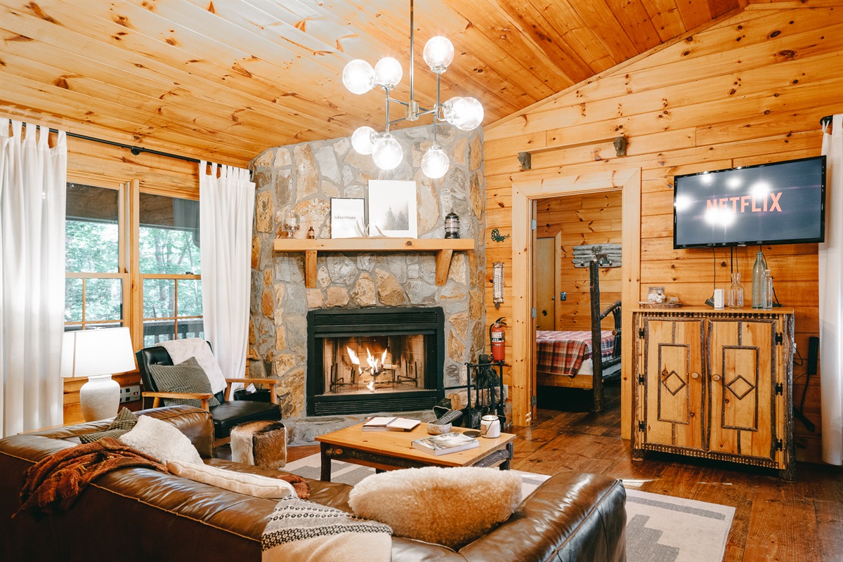 Snuggle up near the wood-burning fireplace