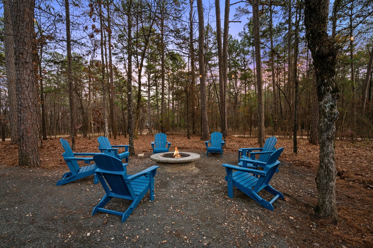 Surrounded by tall trees, the fire pit invites evenings filled with conversation, laughter, and s’mores under the stars.