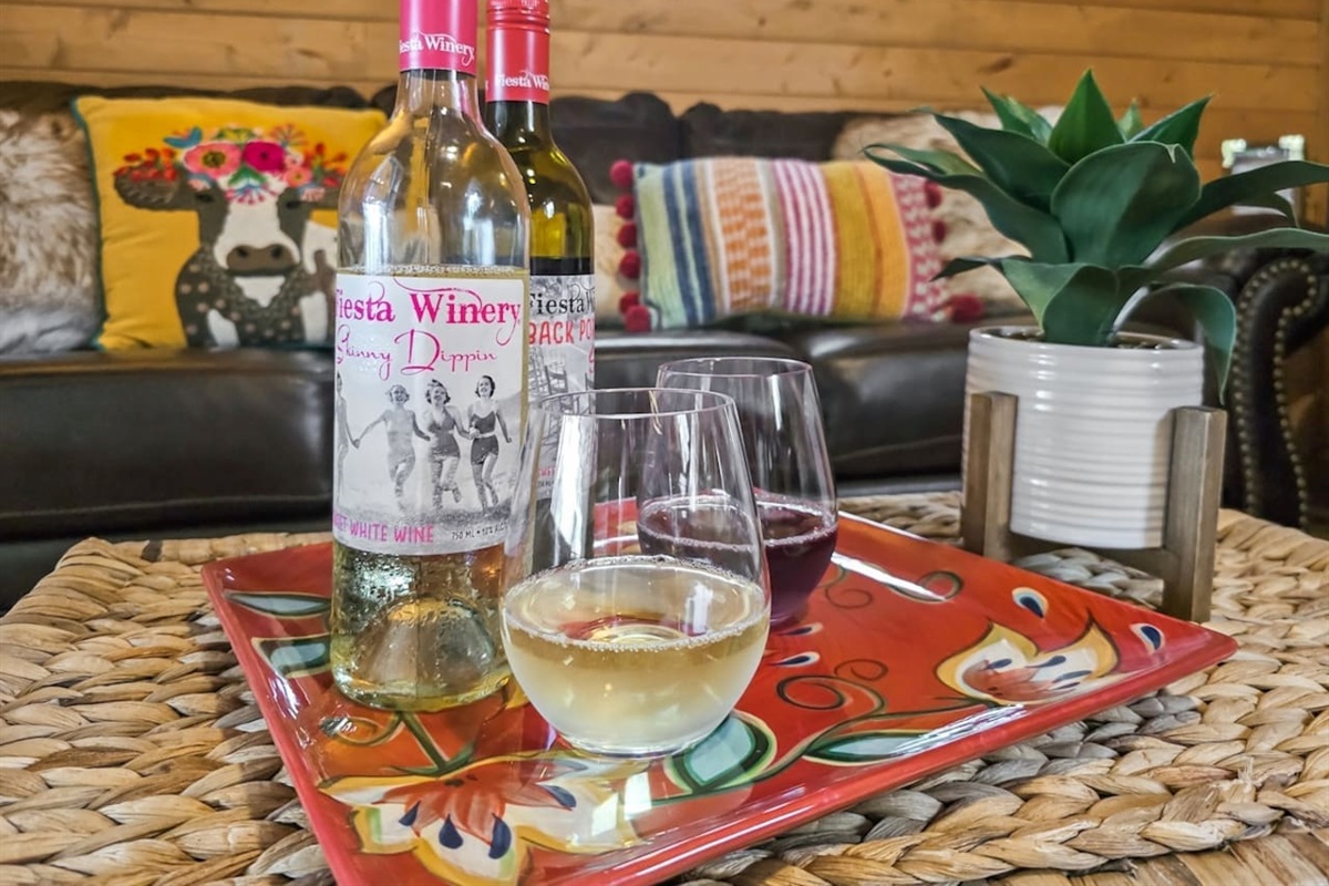 Unwind with a taste of Texas charm—local wines served in the cozy living room, offering the perfect way to relax and enjoy your stay in the Hill Country.


