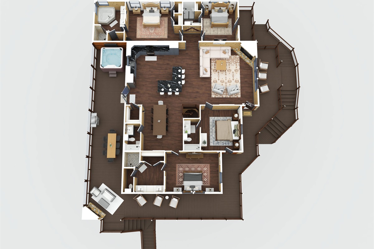 Main level of the Cabin with the suites and kitchen