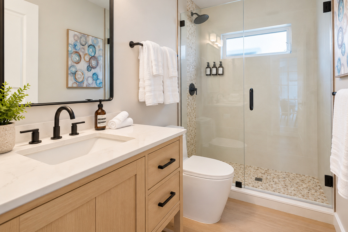 This bathroom is shared between the double twin room and the yellow poolside king room. The countertop is a good size