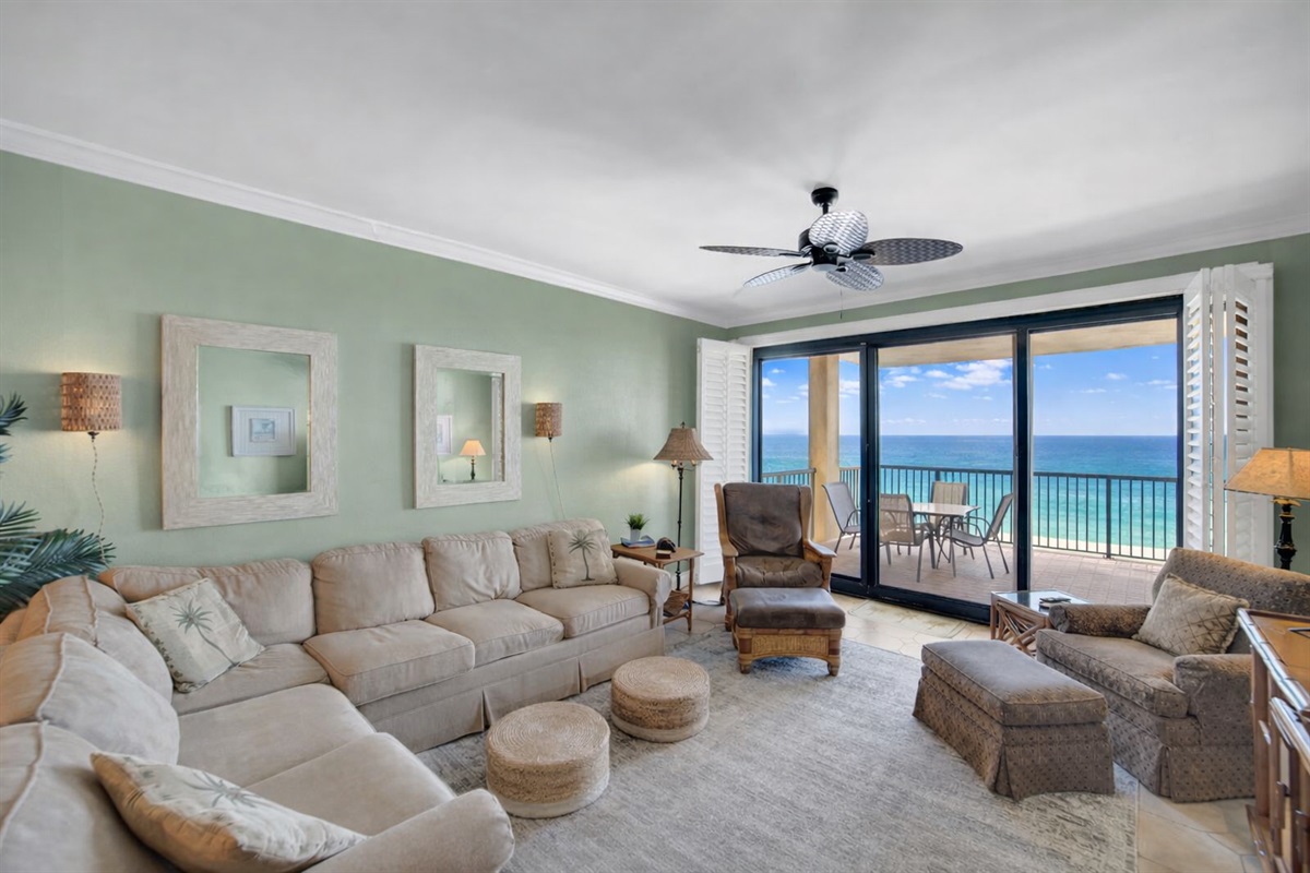 Living room will have leather sleeper sofa, 4 recliners, wall mounted tv, new ceiling fan with light kit, room darkening blackout curtains, an amazing Gulf view and balcony access