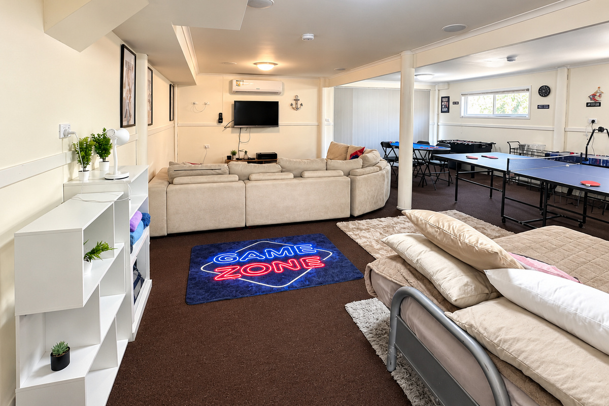 There’s room for everyone to enjoy themselves at Carlenes Getaway, with a generous lounge and games area designed for relaxing and friendly competition.