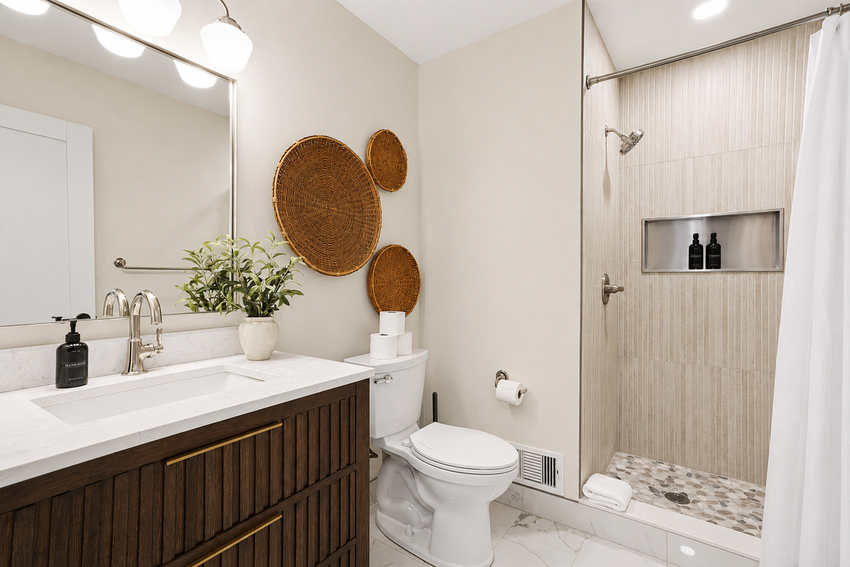 Modern, spa-inspired bathroom with a clean double vanity, quartz countertop, and warm wood accents. Features a sleek walk-in shower with built-in niche and soft neutral finishes, creating a bright, calm, and upscale hotel-like experience.