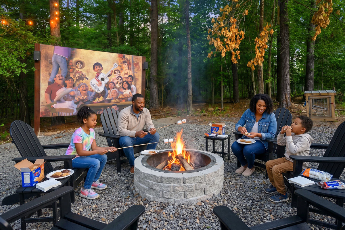 S’mores taste better under the pines. Roast, laugh, and linger by the fire with an outdoor movie playing in the background.

