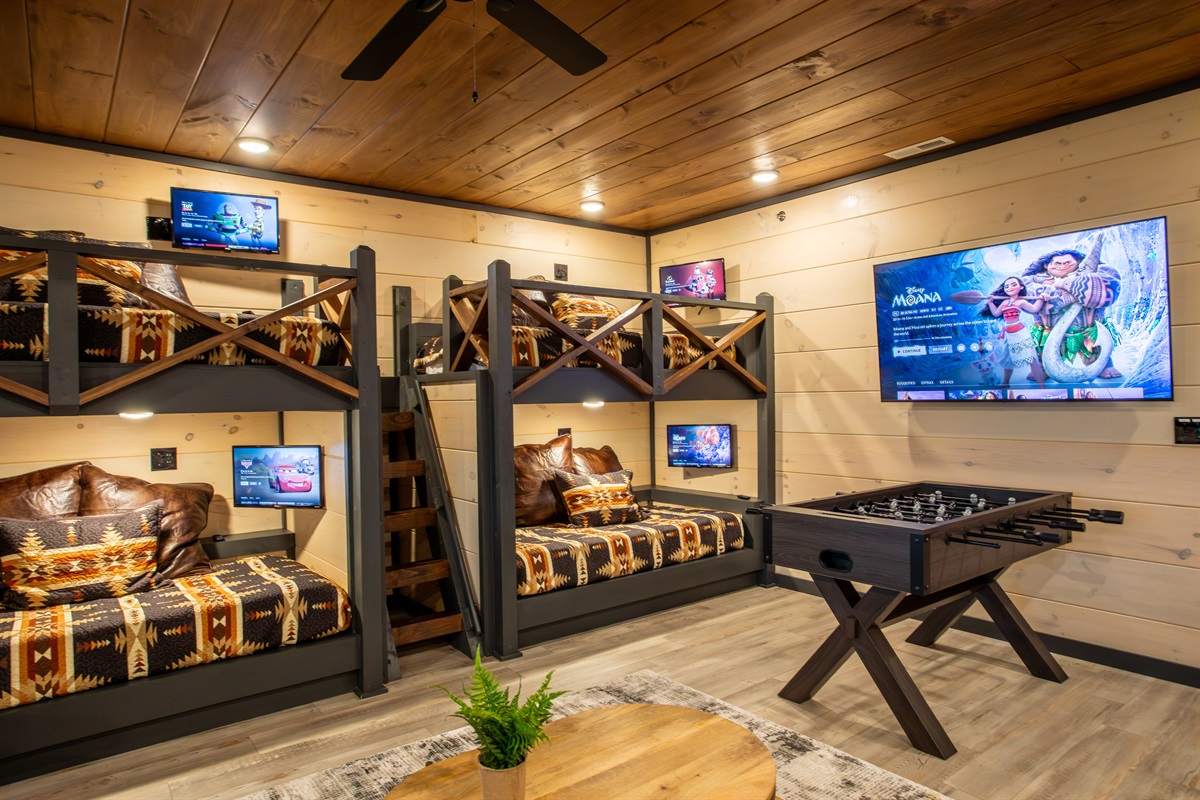 Stunning game room with custom bunks and TVs for everyone. Netflix/HBO/Disney included!