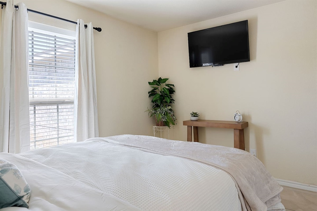 Enter this inviting bedroom equipped with a mounted TV, lush greenery, and a modern wooden console.