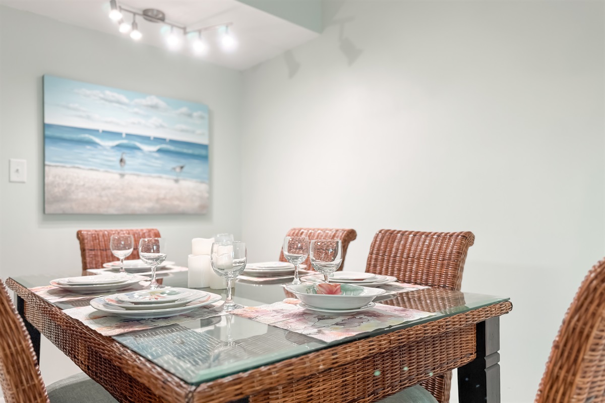 The natural textures and soft light create a serene atmosphere perfect for enjoying meals with a view.