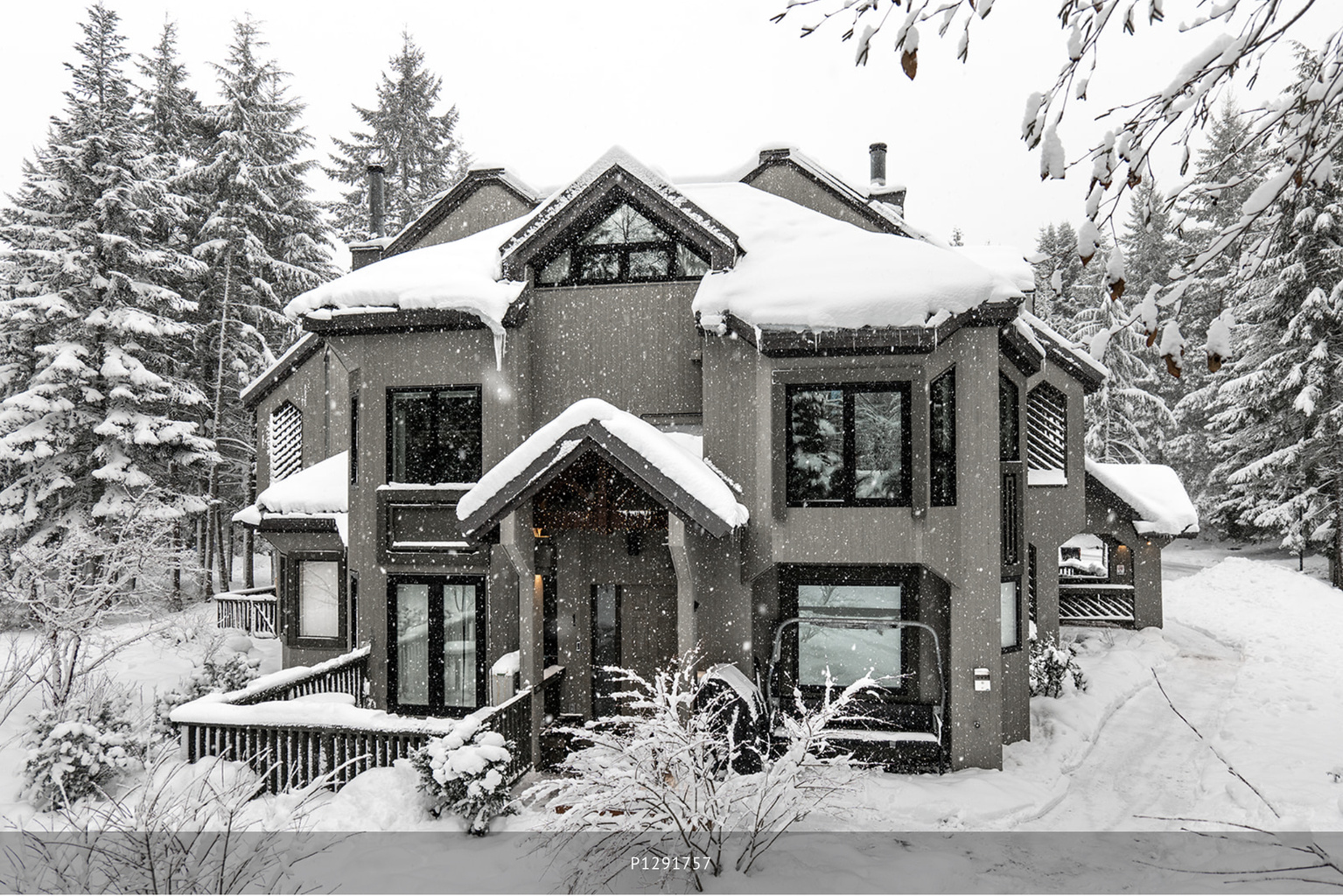 End-unit townhome exterior in winter snow