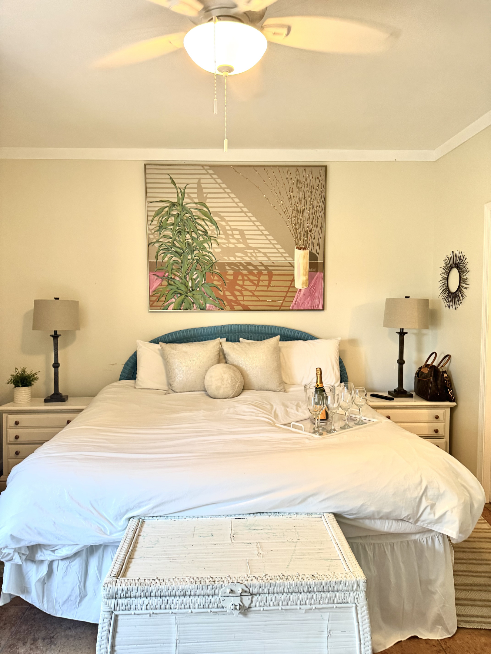 Lux Linens Tempurpedic King Bed & Blackout curtains. 