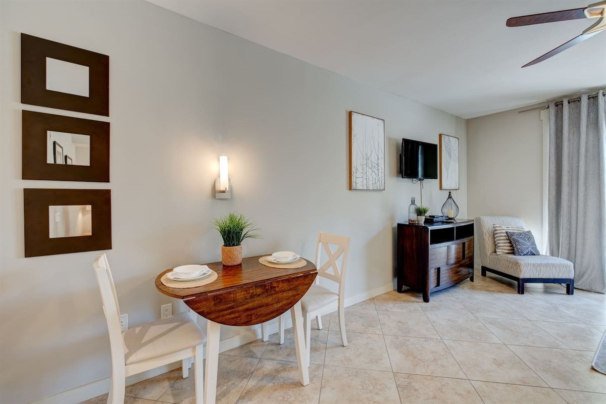 The dining area comfortably seats two and can be unfolded to create a nice work station.