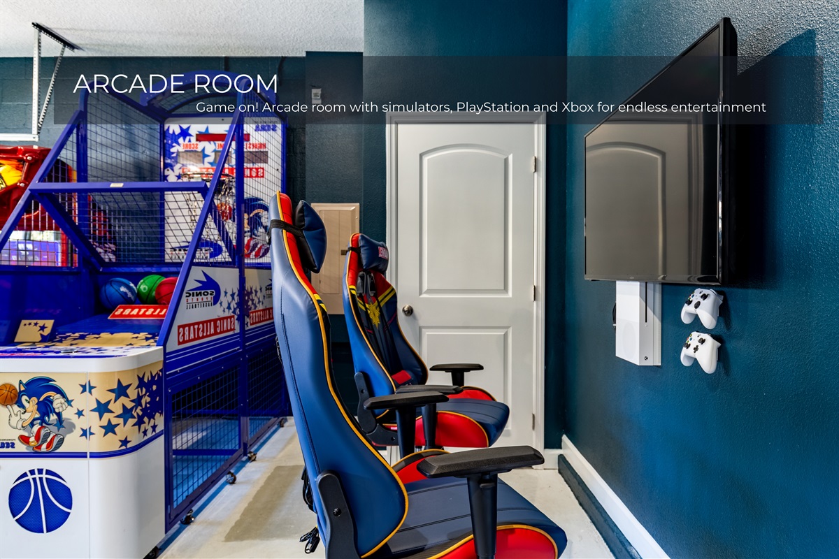 An ultimate gaming haven with PlayStation, Xbox, and simulator for endless fun