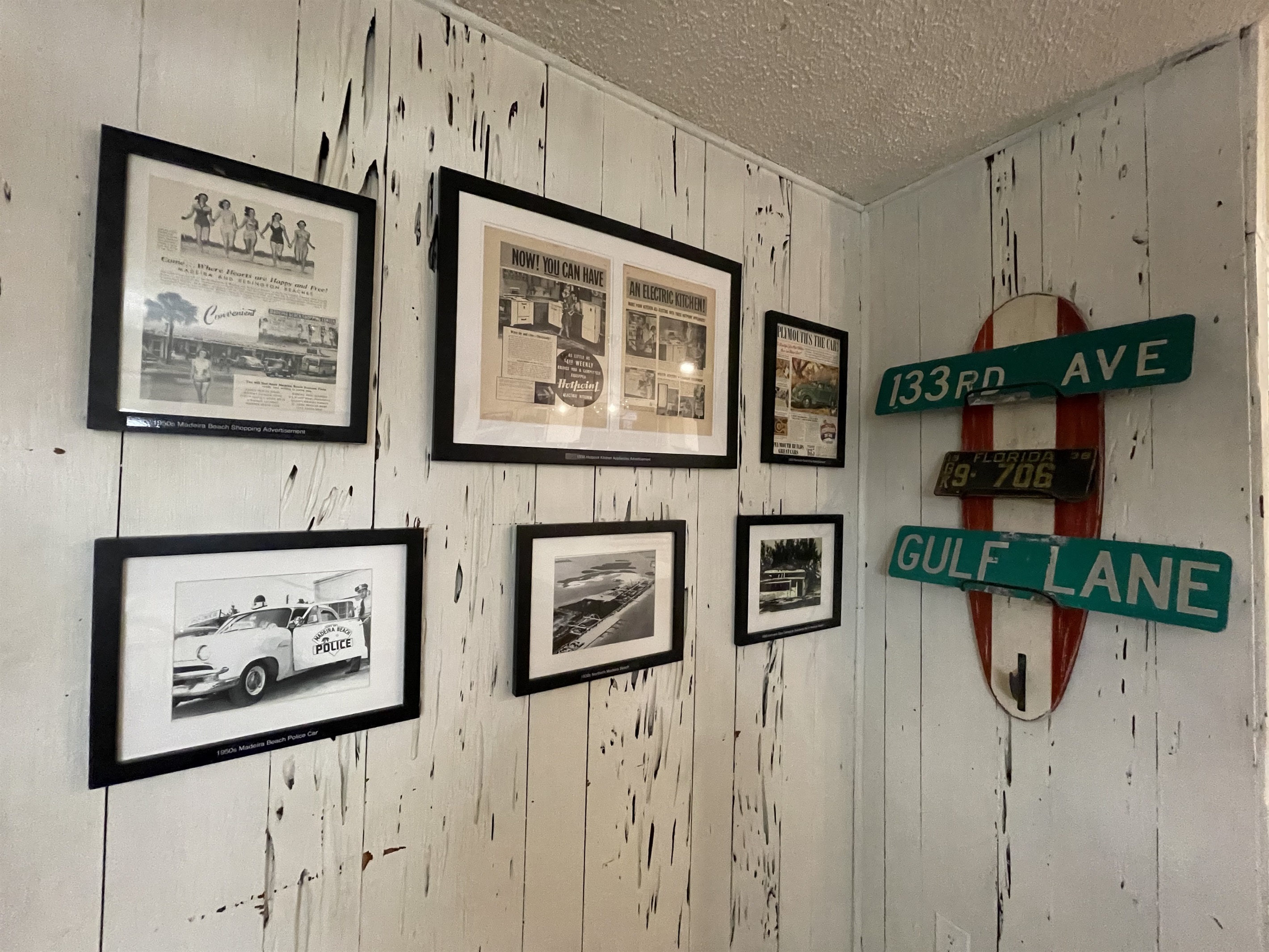 1938 licence plate & car ad, 1950 Madeira Beach police and hurricane damage pict