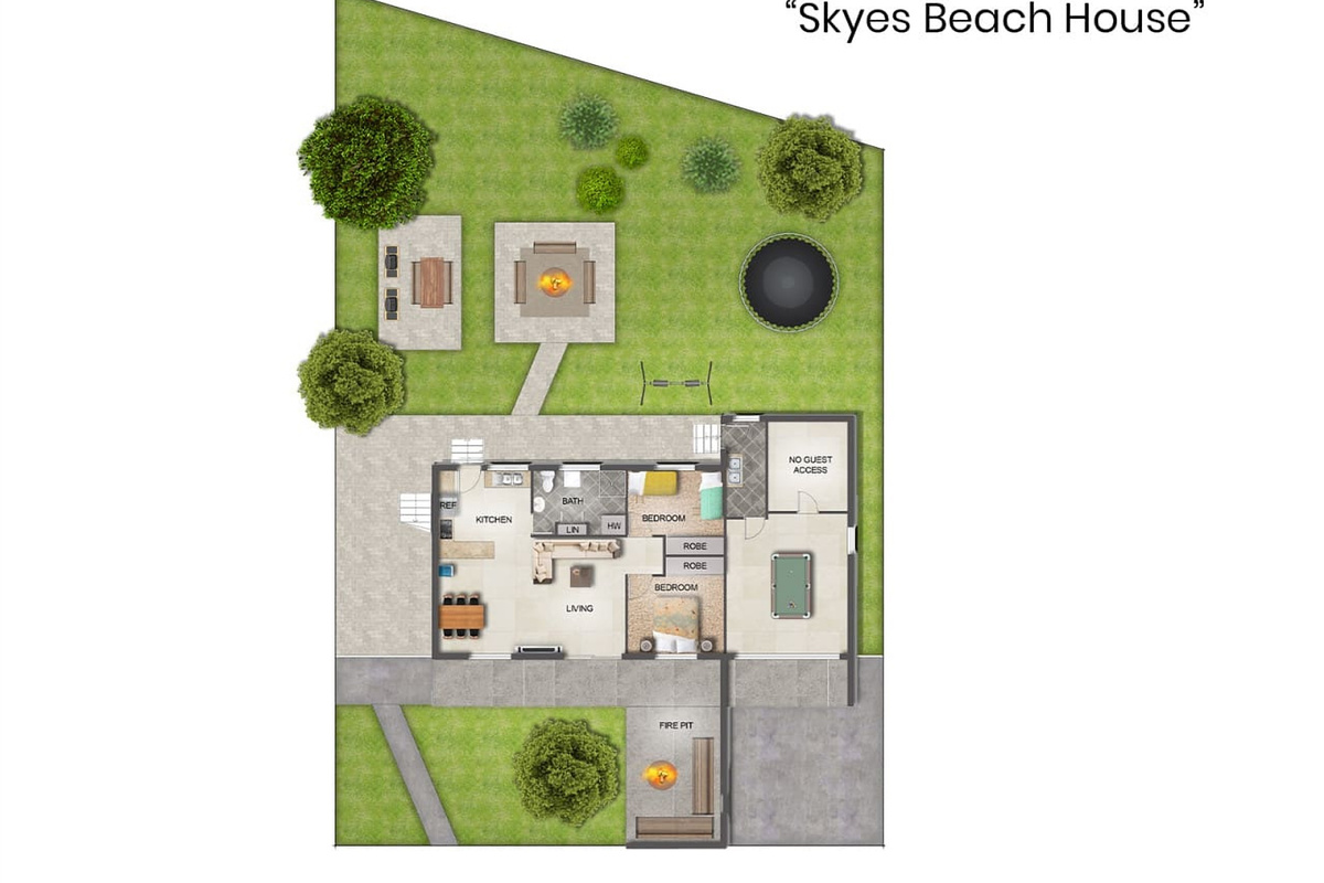Set close to Malua Bay Beach, this layout shows how the home, decks and backyard areas fit together for the stay.