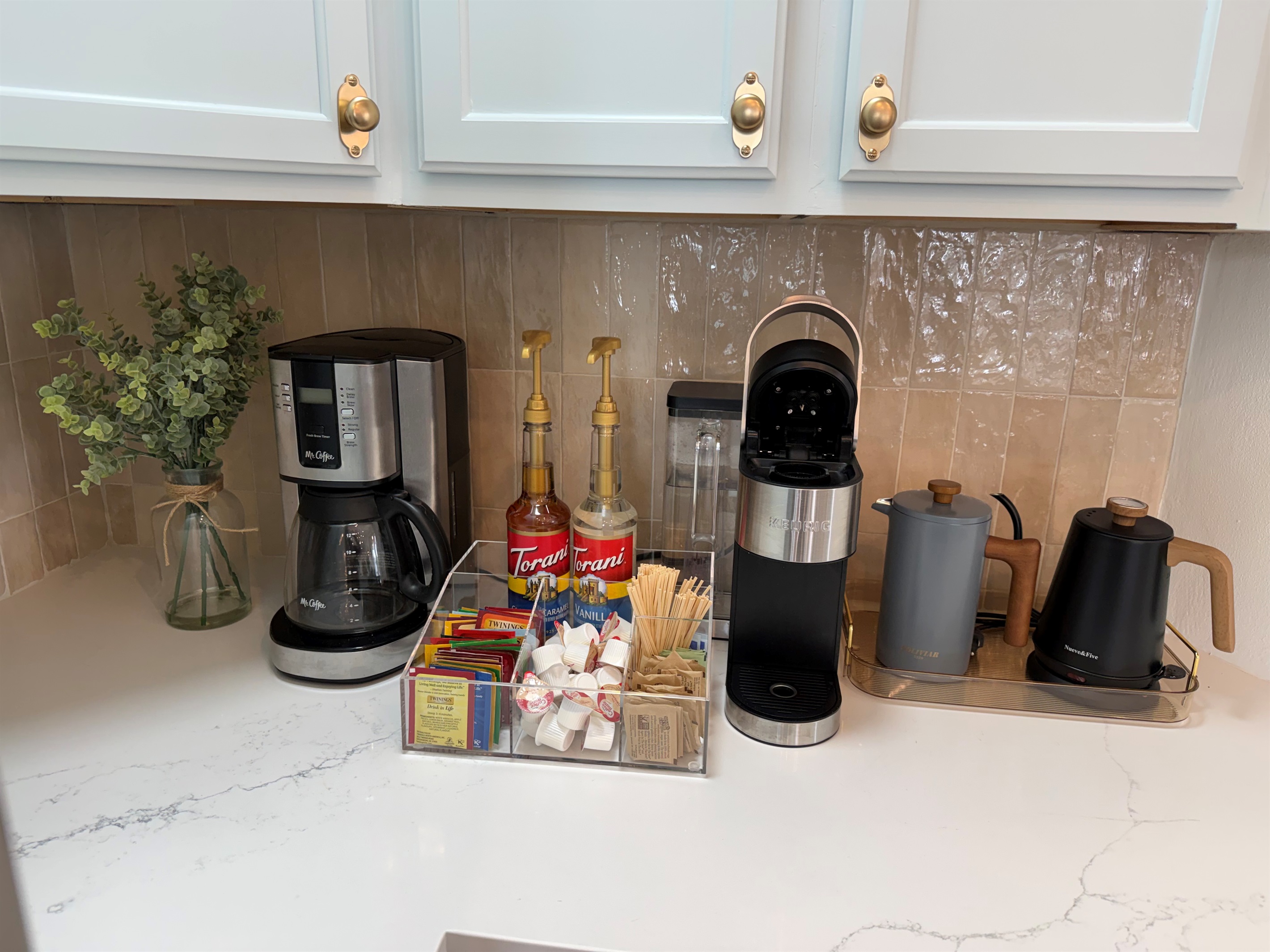 Your choice - Coffee or Tea! Drip coffee pot, Keurig, teas, tea kettle, plus Torani syrup, sugars and creamer.
