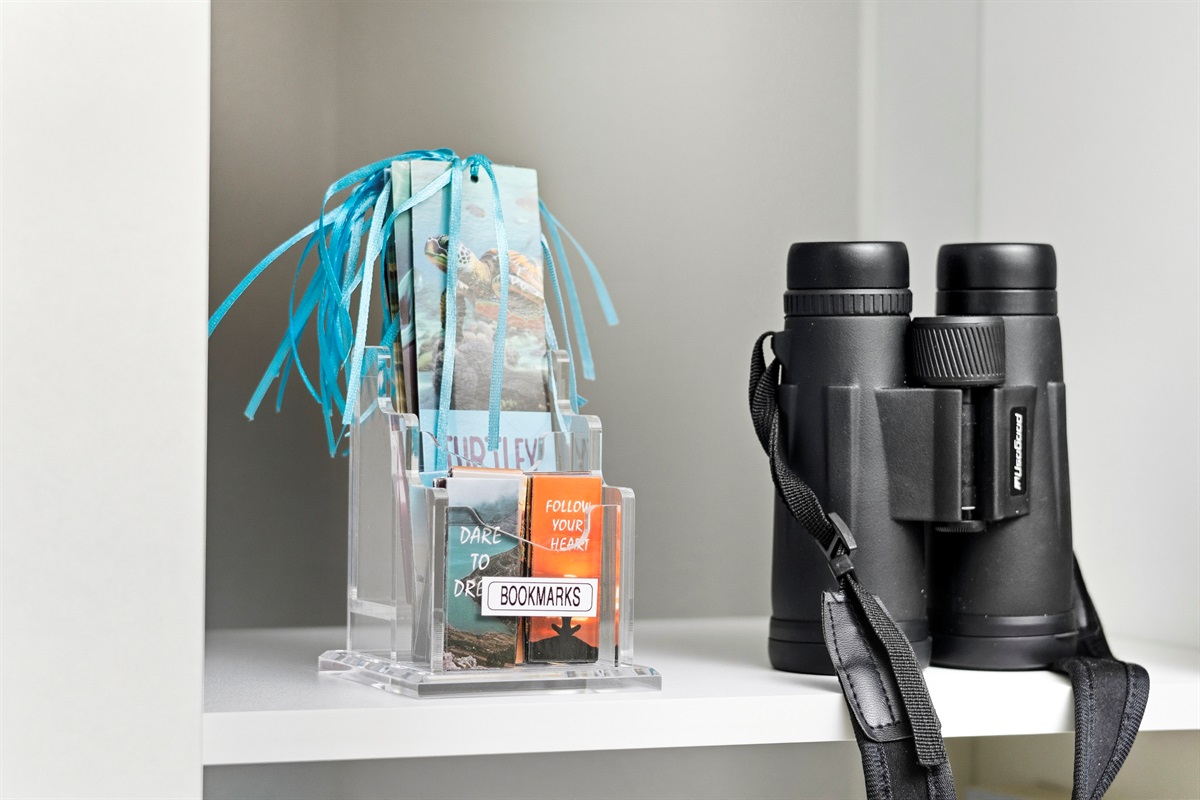 Bookmarks to use and take home with you. Binoculars to catch close up views of those dolphins!