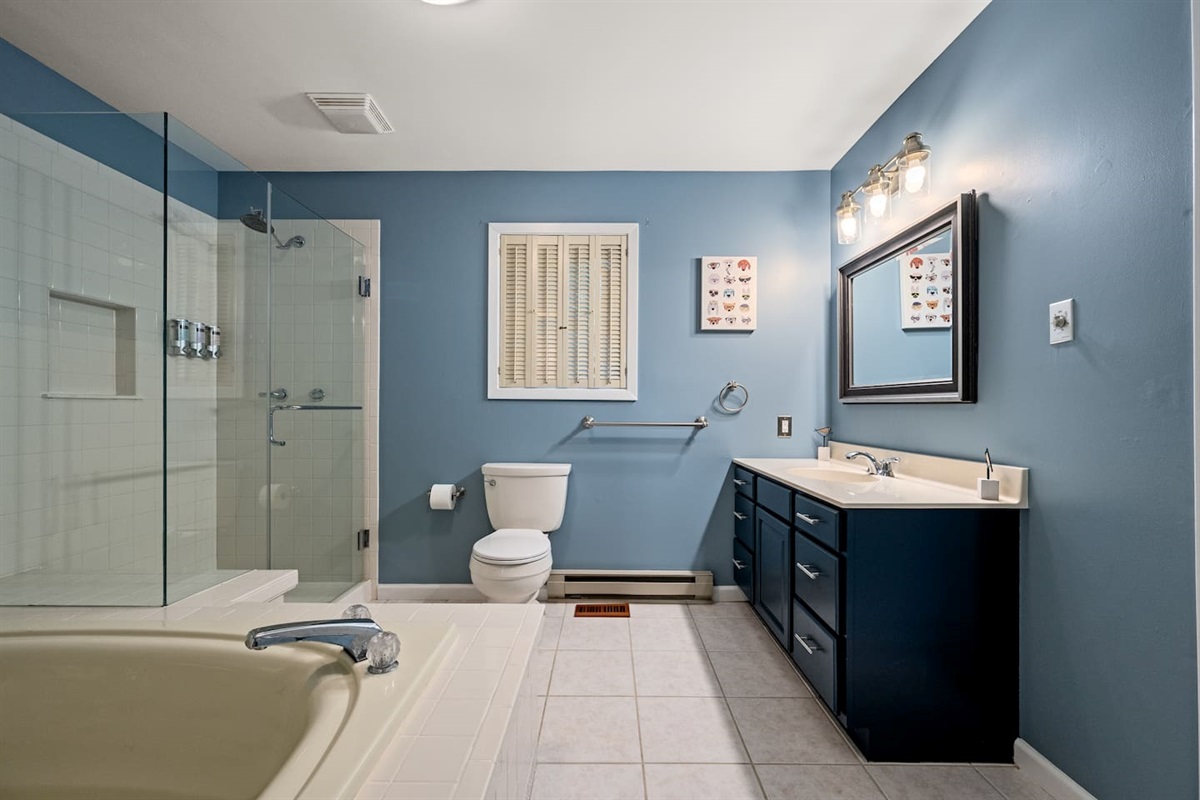 Hall bathroom with glass shower and oversized tub.  Note - the jets are not functional.
