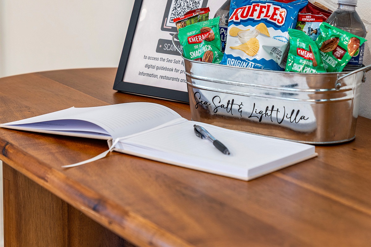 A warm welcome awaits! We provide essential details and a special treat/snack basket for all our guests.