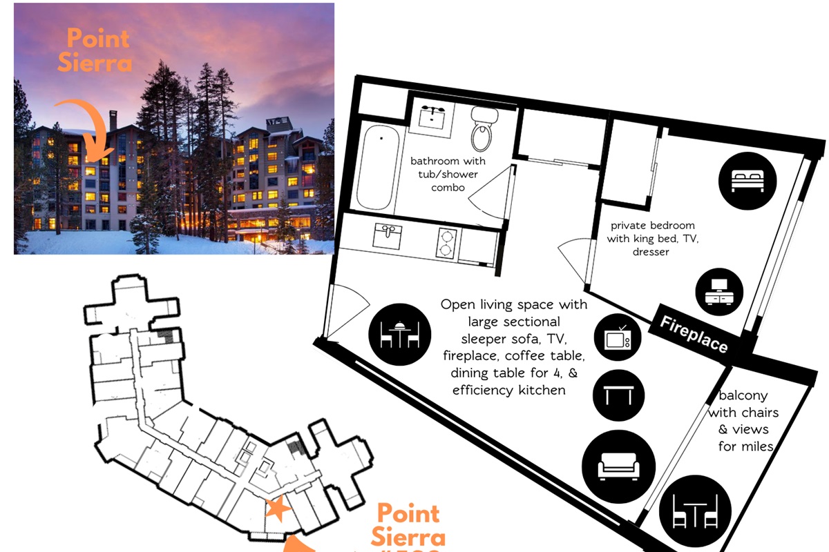 A visual overview of the condo’s layout and its location within the building, showing how Point Sierra sits above the Village with easy access to elevators, amenities, and views.