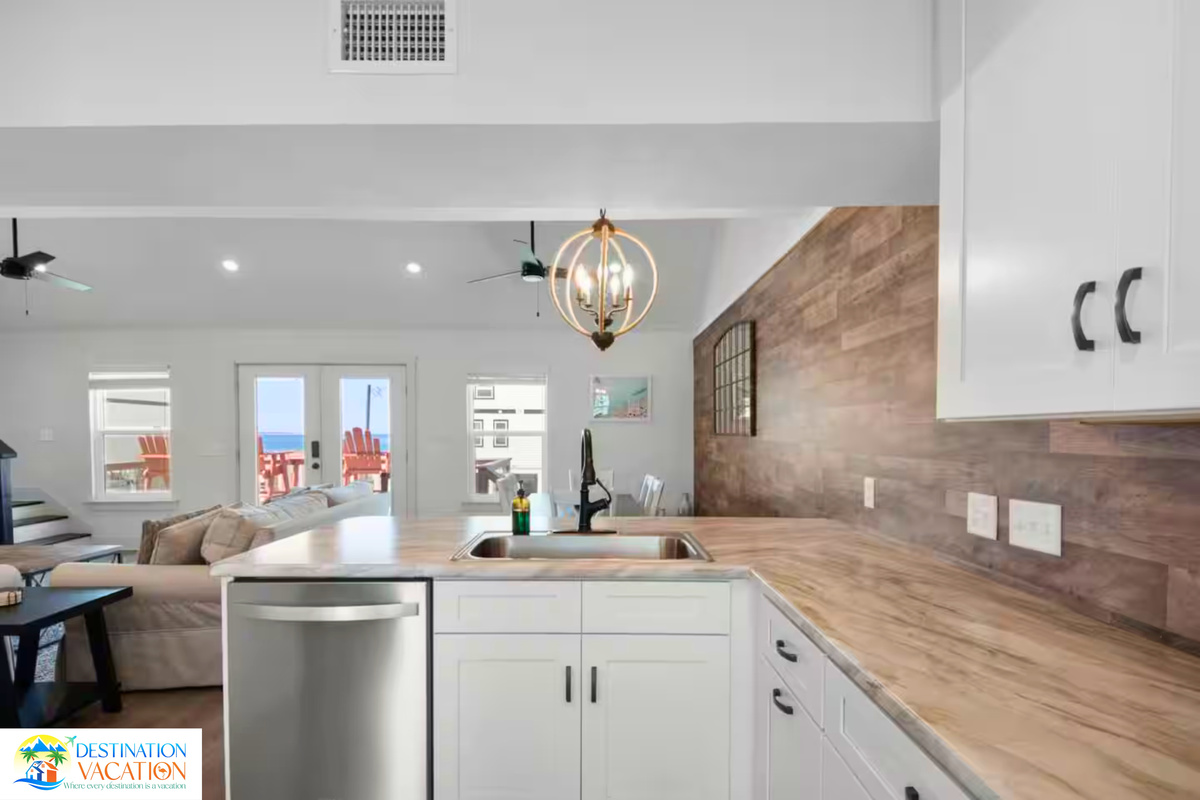Bright kitchen offers plenty of space for shared meals.