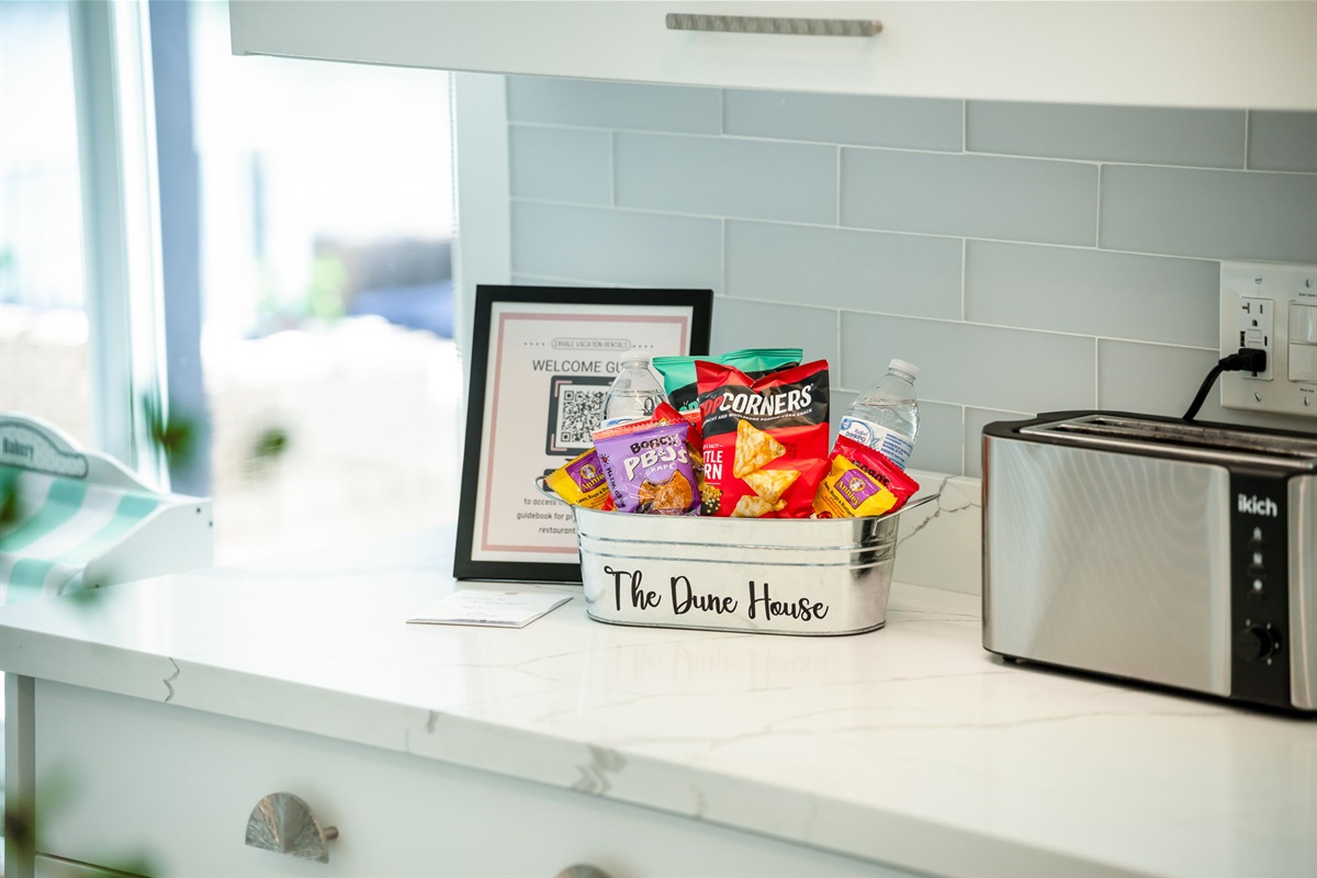 A thoughtful snack station to help you settle in after your travels.