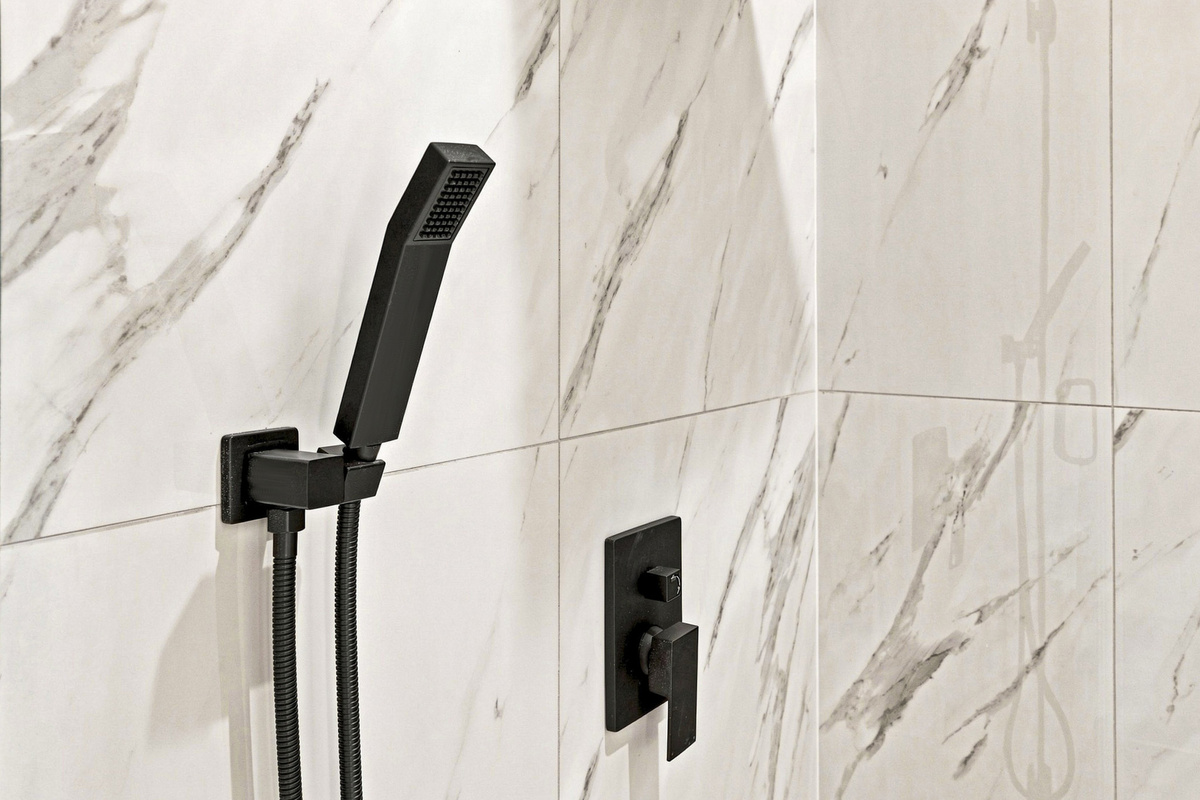 Enjoy modern elegance with a stylish black finish and beautiful marble backdrop!