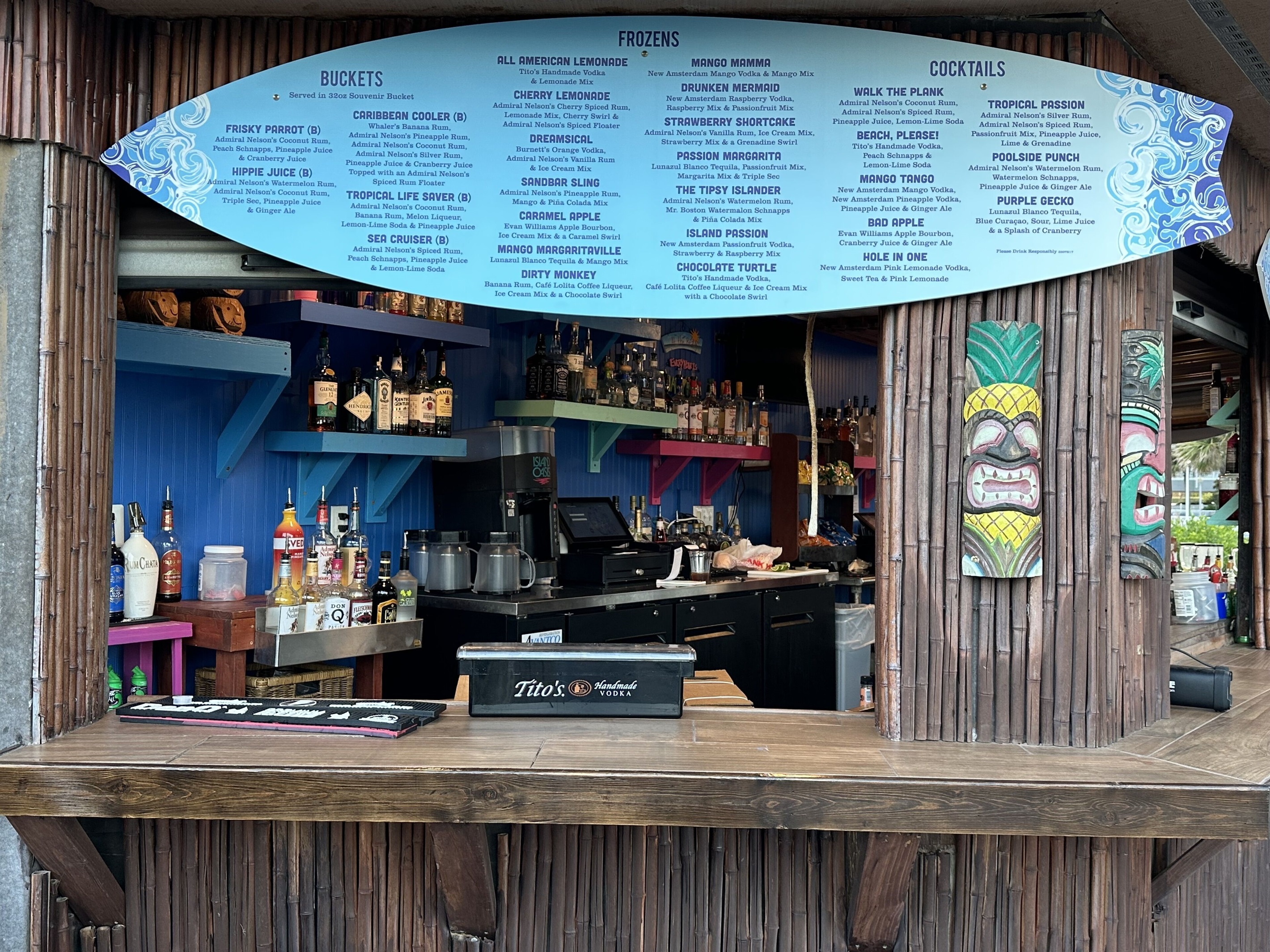 Tiki Bar Menu.  Lots of great choices just steps from the pools and hot tubs!