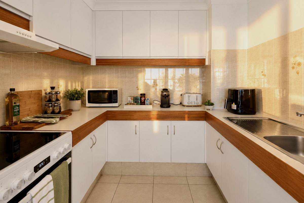Generous bench space and a bright open-plan layout keep the kitchen connected to the dining, lounge and balcony areas.
