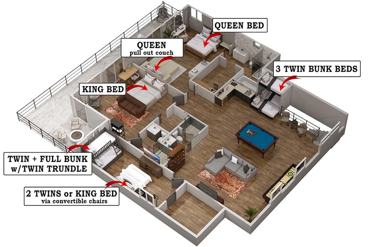 Second floor layout with all beds labelled.