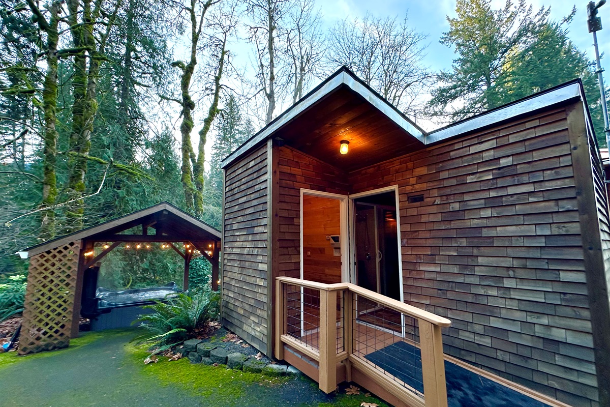 The Spa House.  Relax after a day of fun in the Spa House. Cedar changing room, cedar sauna and steam room.  The hot tub is also just a few steps away.