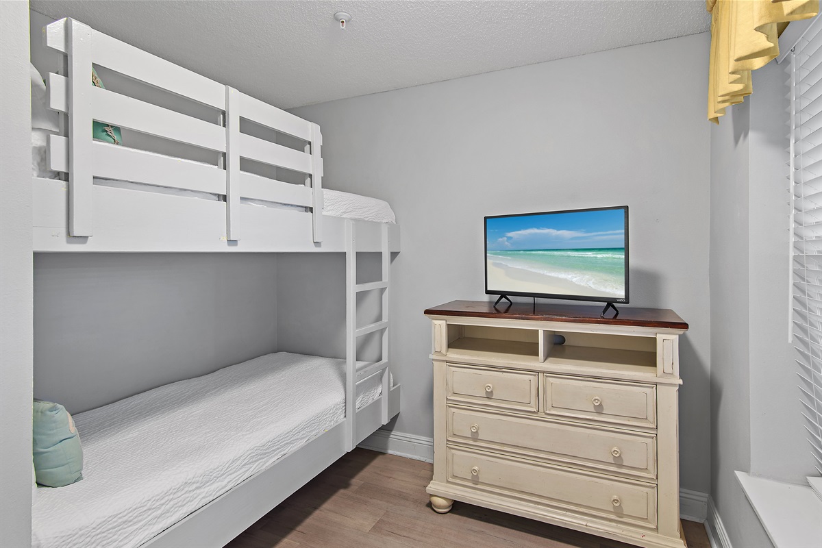 Bedroom 3: Twin Bunk Beds, Smart TV, Access to Bedroom 2 Bathroom via hallway door (Sleeps 2)