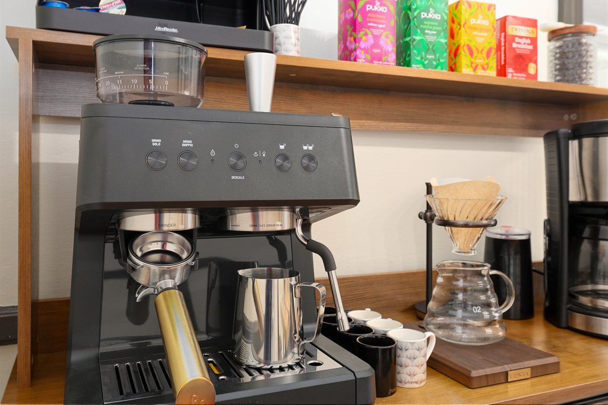 Full coffee complimentary coffee and tea. Choose your style, espresso, pour over, french press or classic