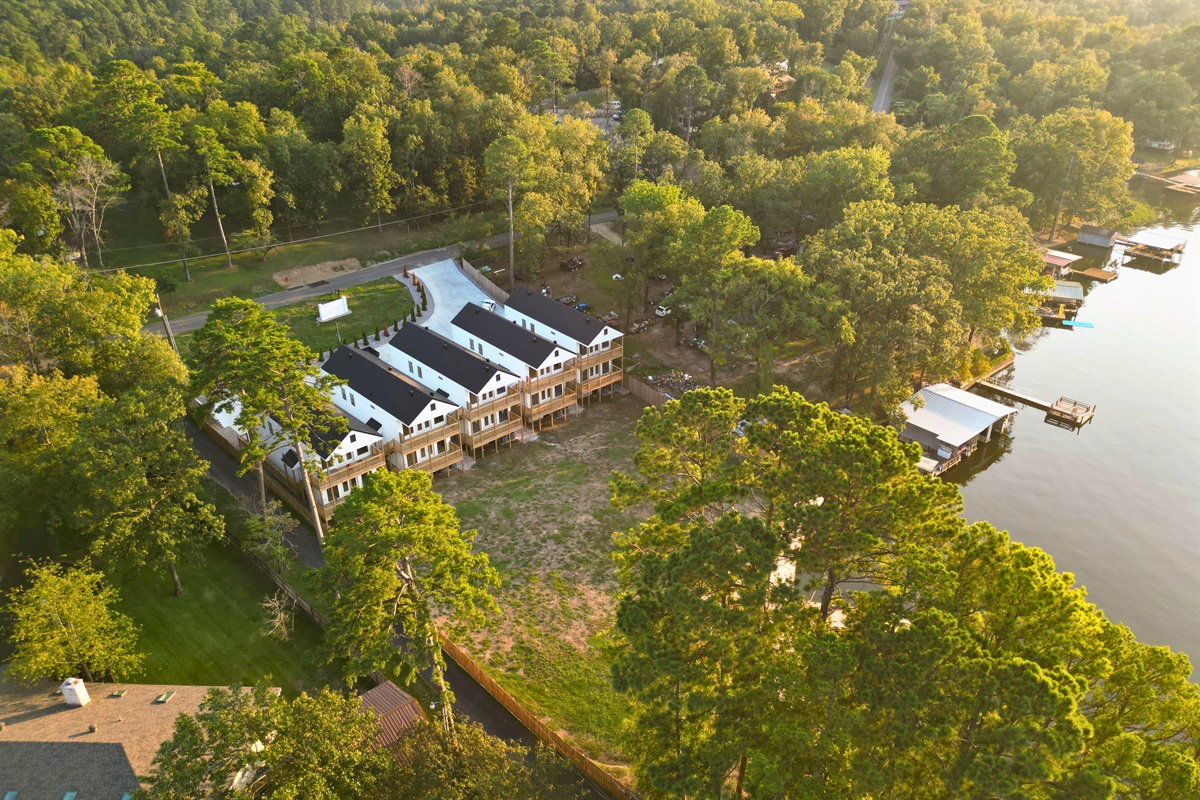 From above, the quiet cove and surrounding trees show just how serene the location feels.