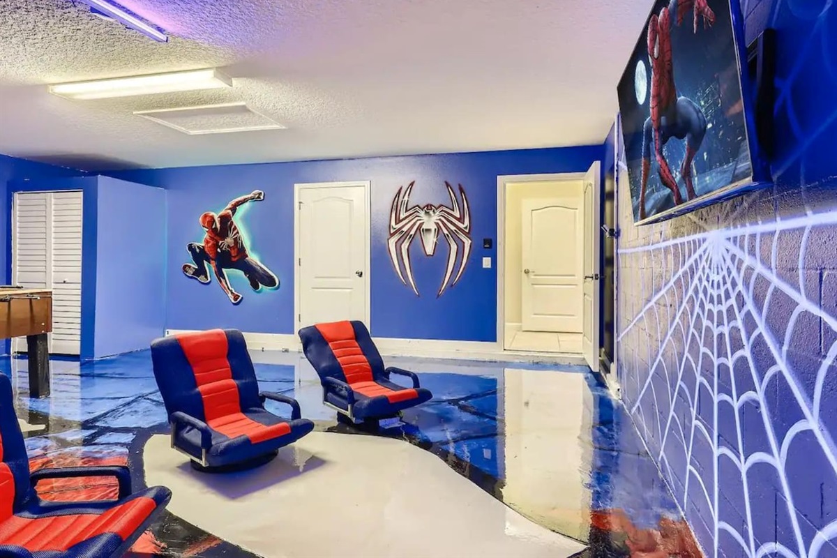 Garage transformed into a game/cinema room