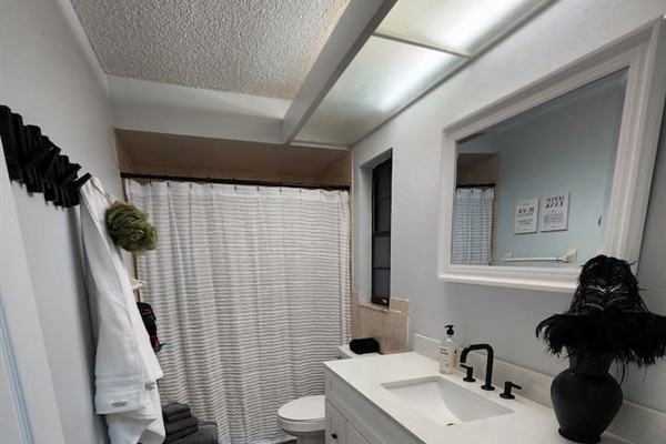 Spacious modern master bathroom with a large shower. Complimentary soap, shampoo and conditioner included. 