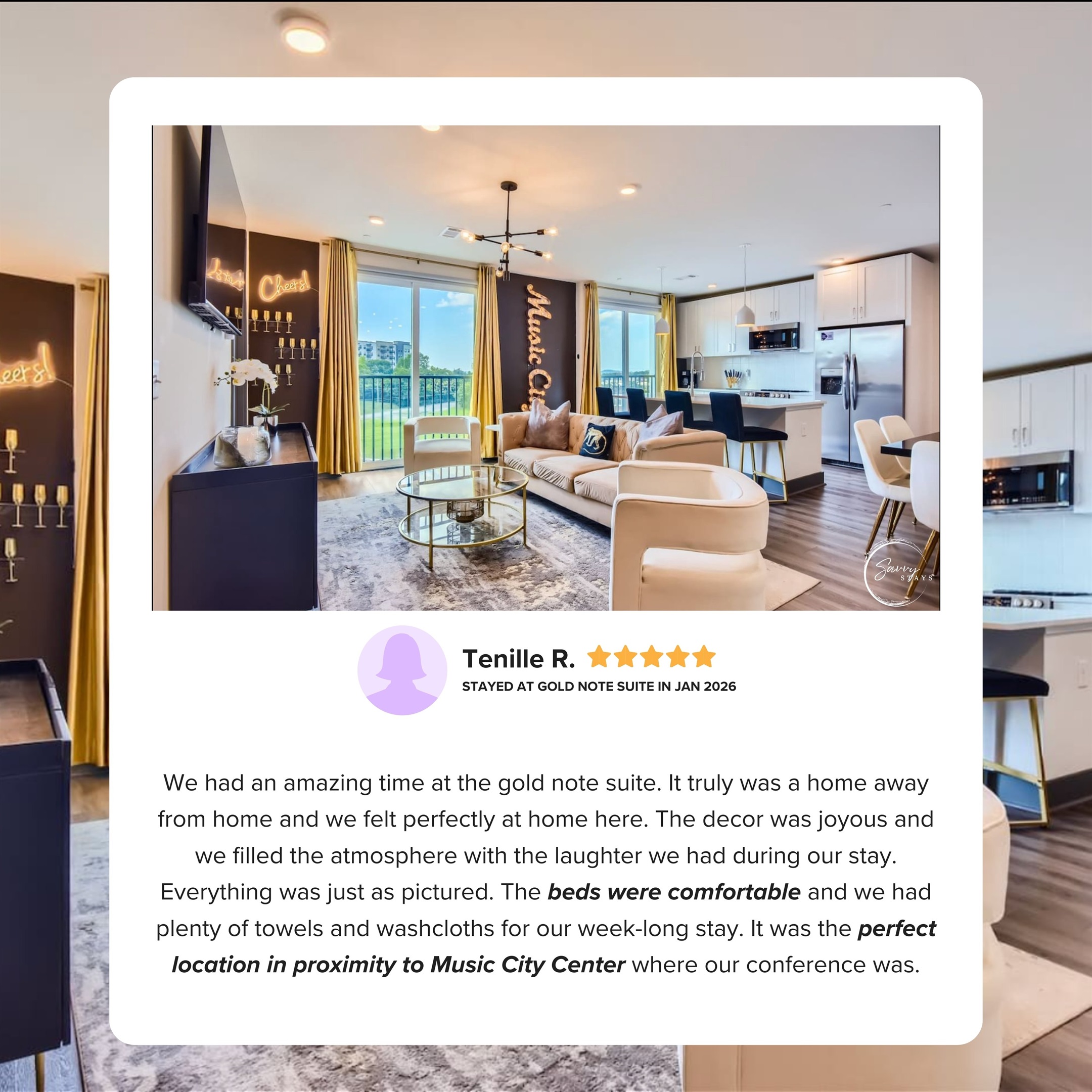 Guests describe Gold Note Suite as a true home away from home, praising the joyful decor, comfortable beds, well-stocked linens for longer stays, and a location that made attending events at Music City Center easy and stress-free.