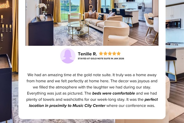 Guests describe Gold Note Suite as a true home away from home, praising the joyful decor, comfortable beds, well-stocked linens for longer stays, and a location that made attending events at Music City Center easy and stress-free.