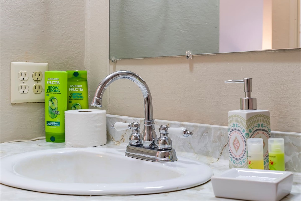 Guest-ready bathroom stocked with shampoo, soap, and fresh towels for your stay.
