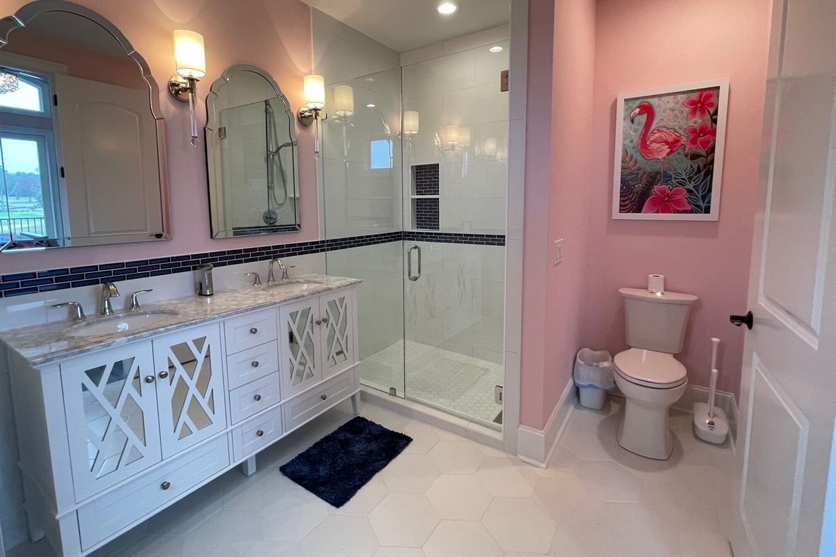Private bath for Dancing with Flamingos Room-Double sink vanity & luxury shower