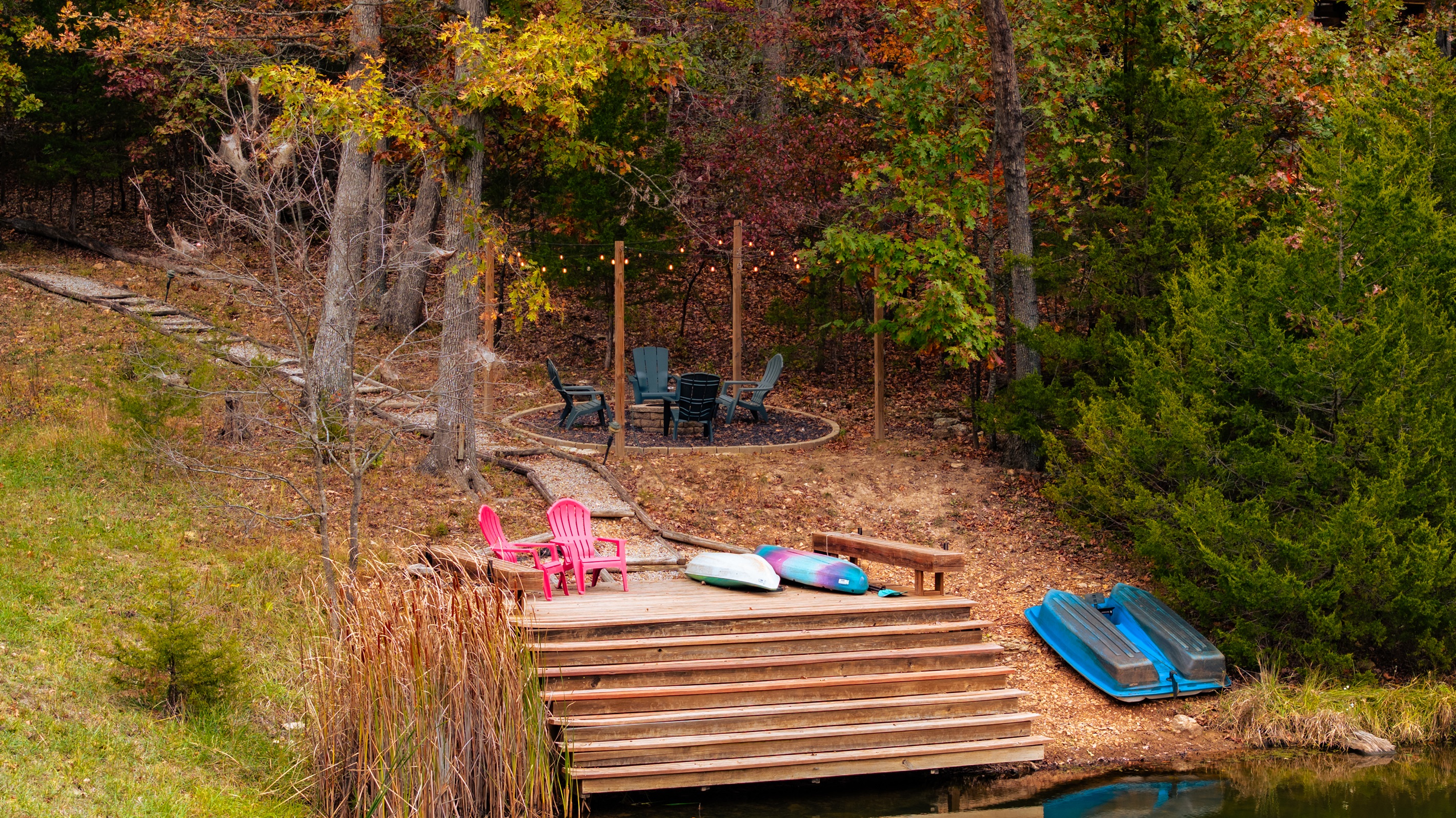 Private beach and waterfront fire pit