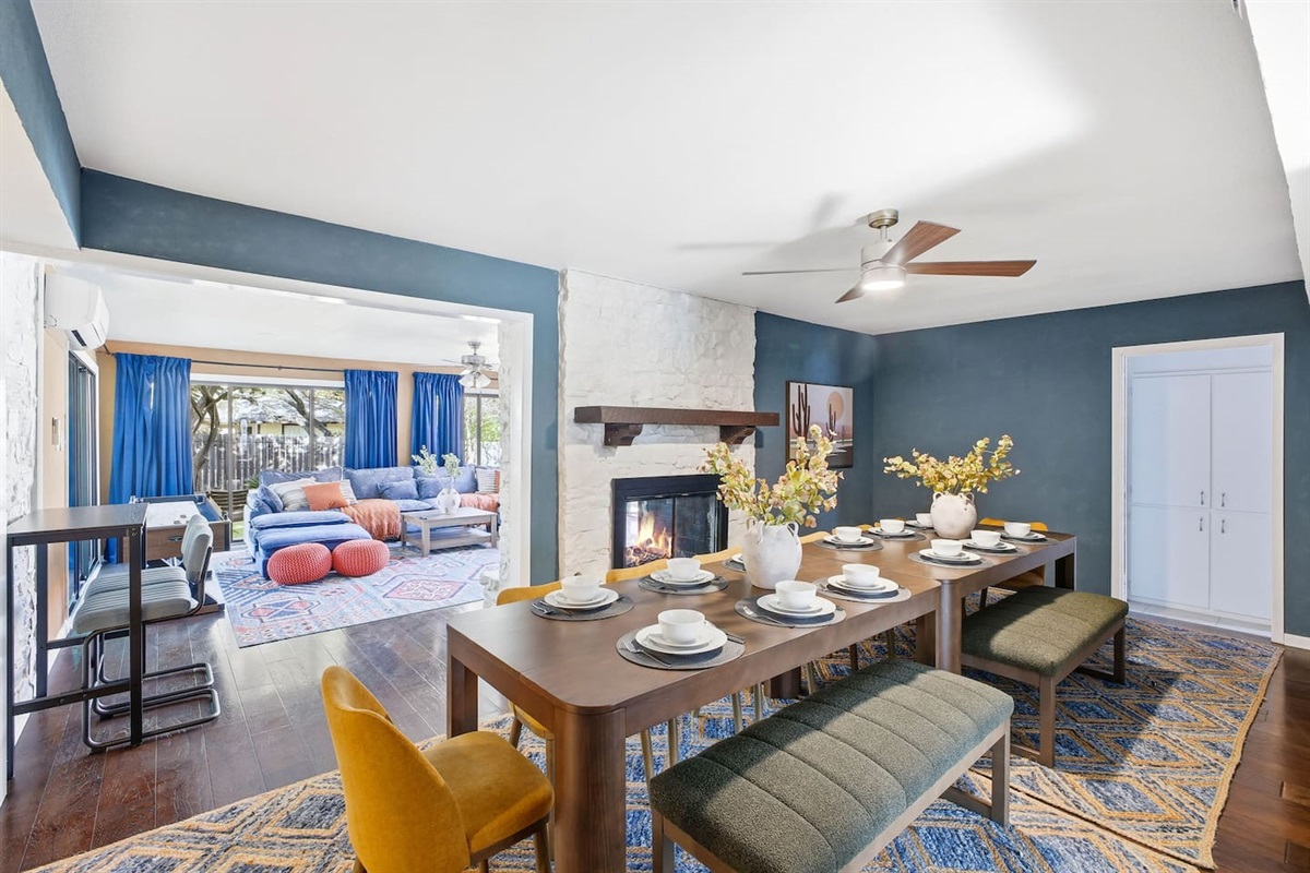 Dining area with the living room in the background