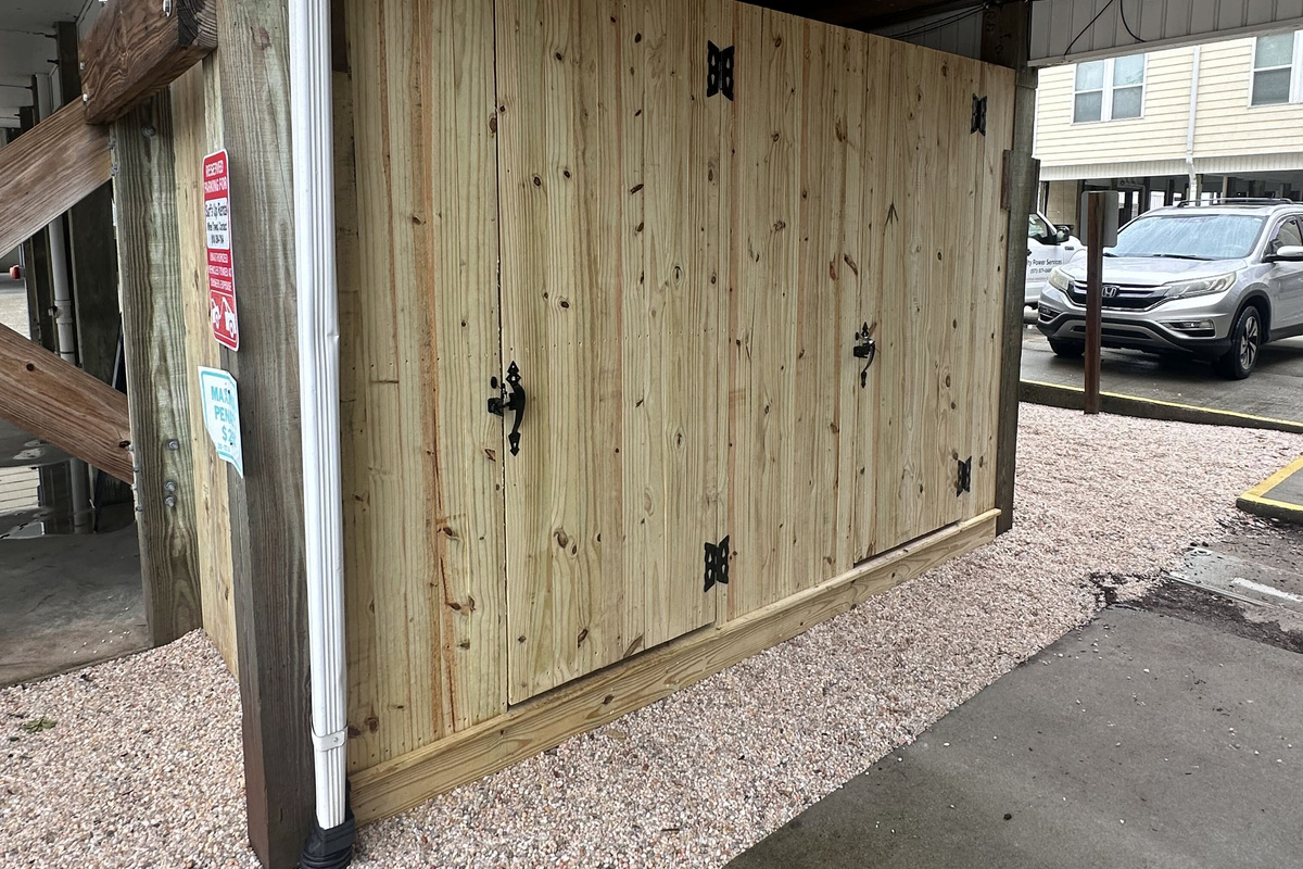 Newly built out door storage and shower!