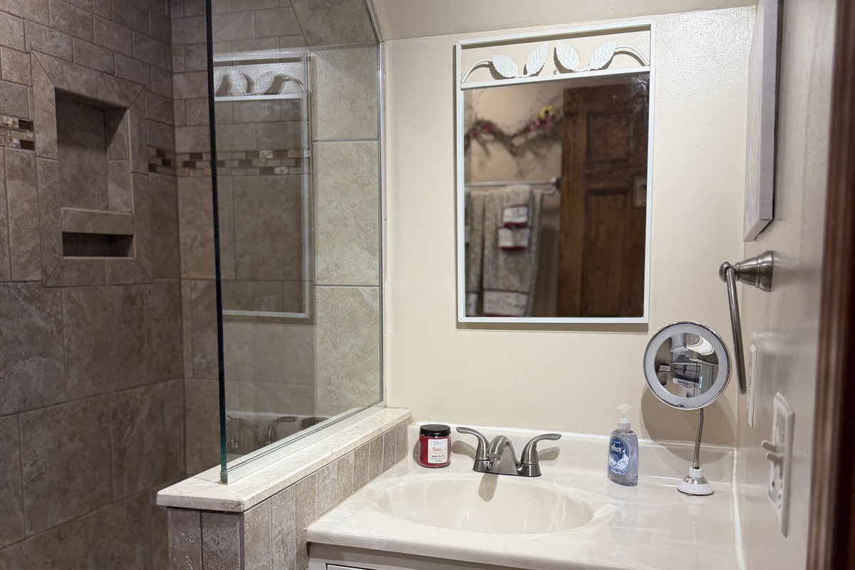 Bathroom with large tiled shower