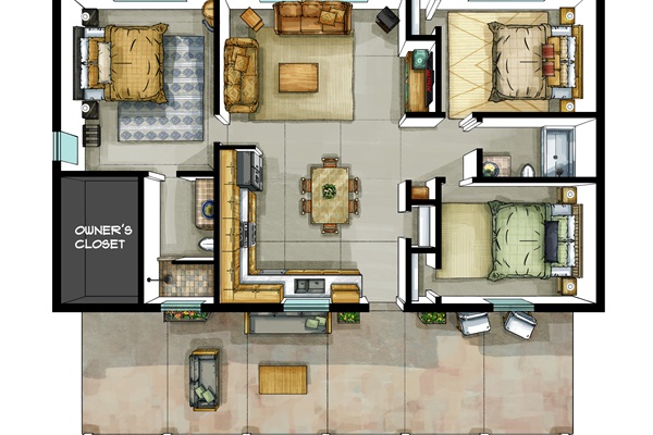 Floor plan showcasing split floor plan with Master Suite on one side and 2 other bedrooms on the other side. 