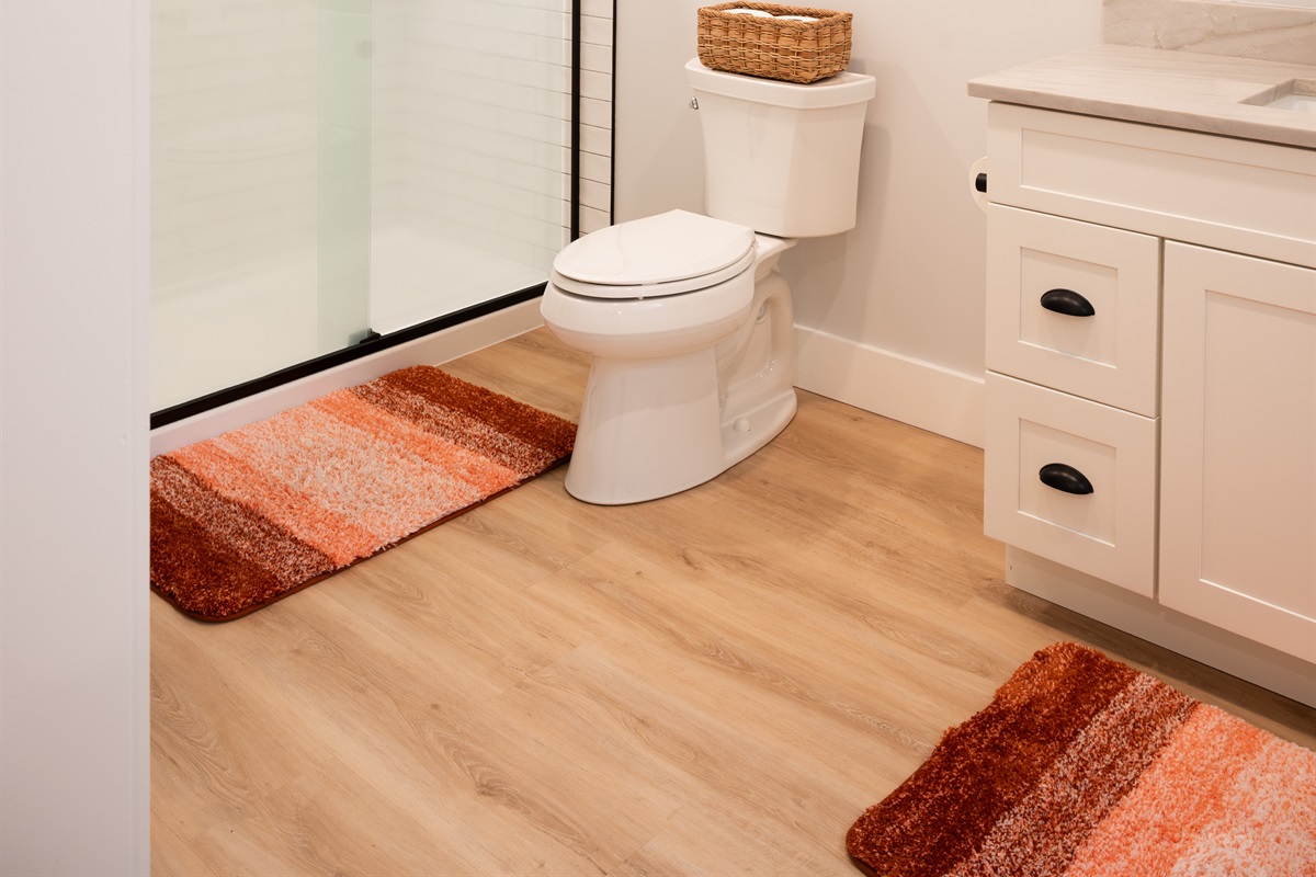 Shower w/ regular & rain shower head, toilet, and vanity