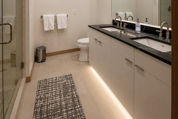Spa-inspired bathroom featuring a dual-sink vanity, quartz countertops, matte black fixtures.