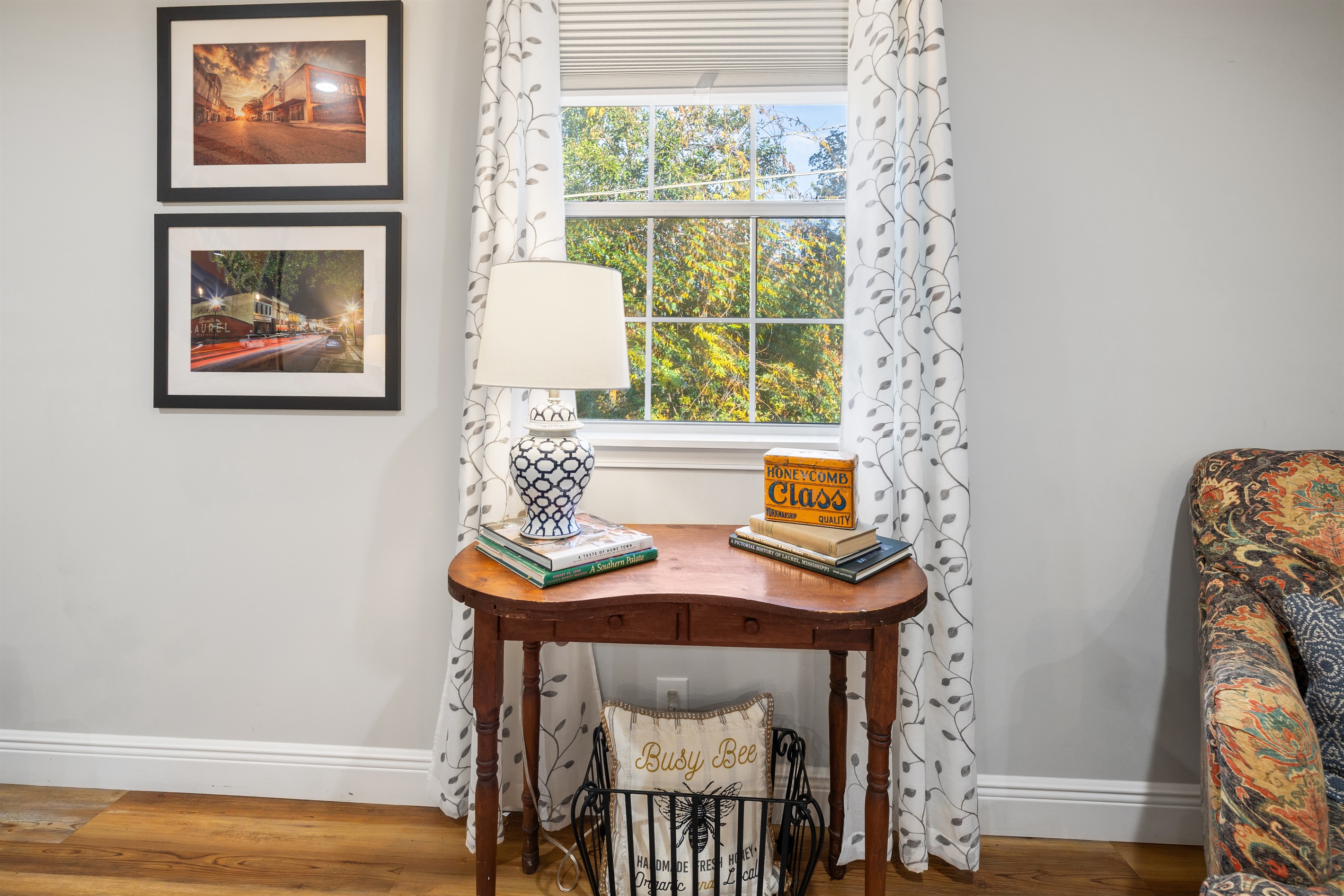 Settle in with a book or your morning coffee—this soft-lit reading table adds extra comfort to your Honeycomb stay.