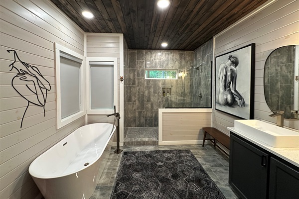 Oversized shower, soaking tub, and a few "Spicy" touches. 