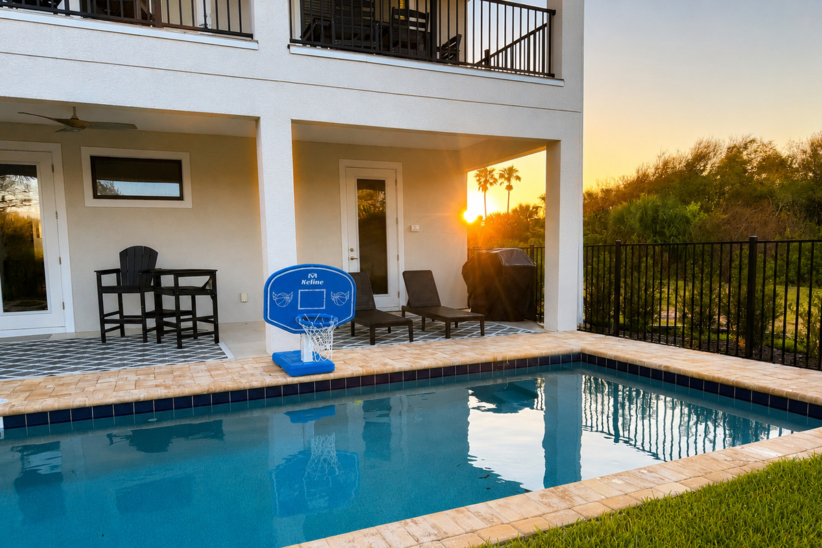 Fire up the grill, shoot a few hoops, and let the kids splash as the sun sinks behind the palms. This private pool and patio is your family's own little world—no schedules, no crowds, just golden evenings and the easy joy of being together.