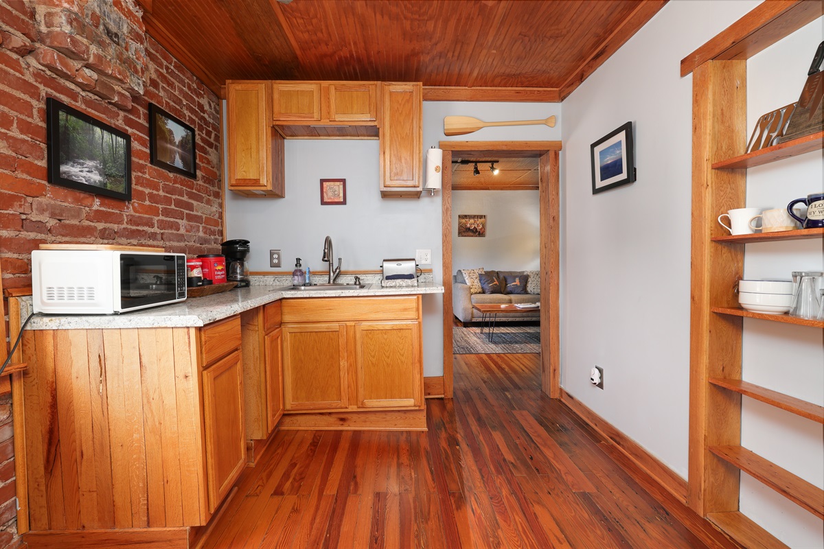 Cute rustic kitchen, microwave, coffee maker, toaster